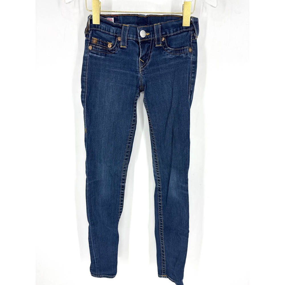 True Religion Casey Skinny Jeans Dark Wash Low Rise Horseshoe Stitch Size 25
